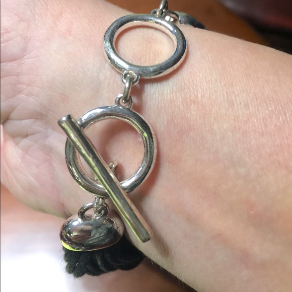 Silver Tone Metal & Black Cord Wrist Cuff Bracelet Shiny Stones Adjustable Size - Picture 2 of 3